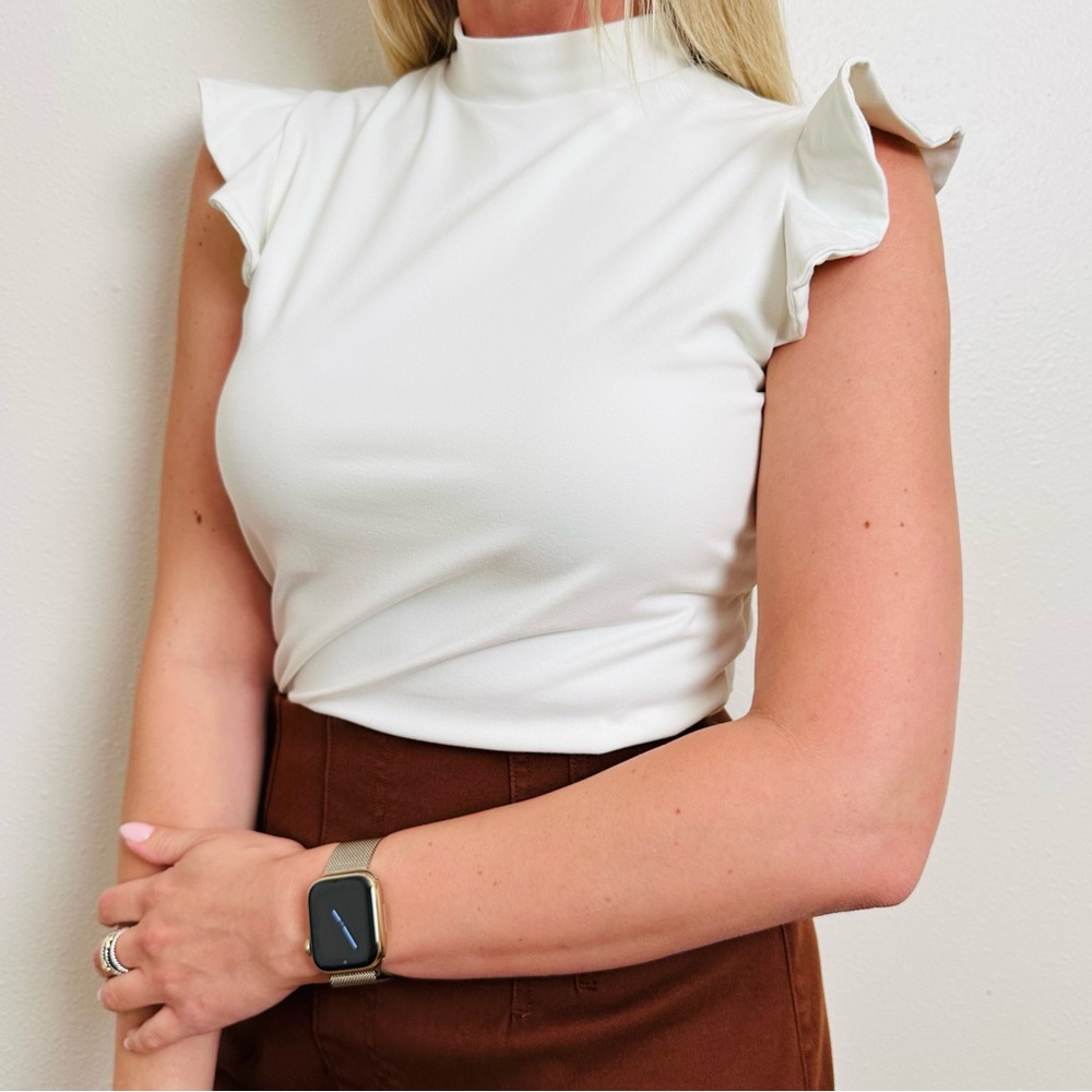 Susana Monaco Elegant Mock Neck Ruffle Sleeve White Blouse Top